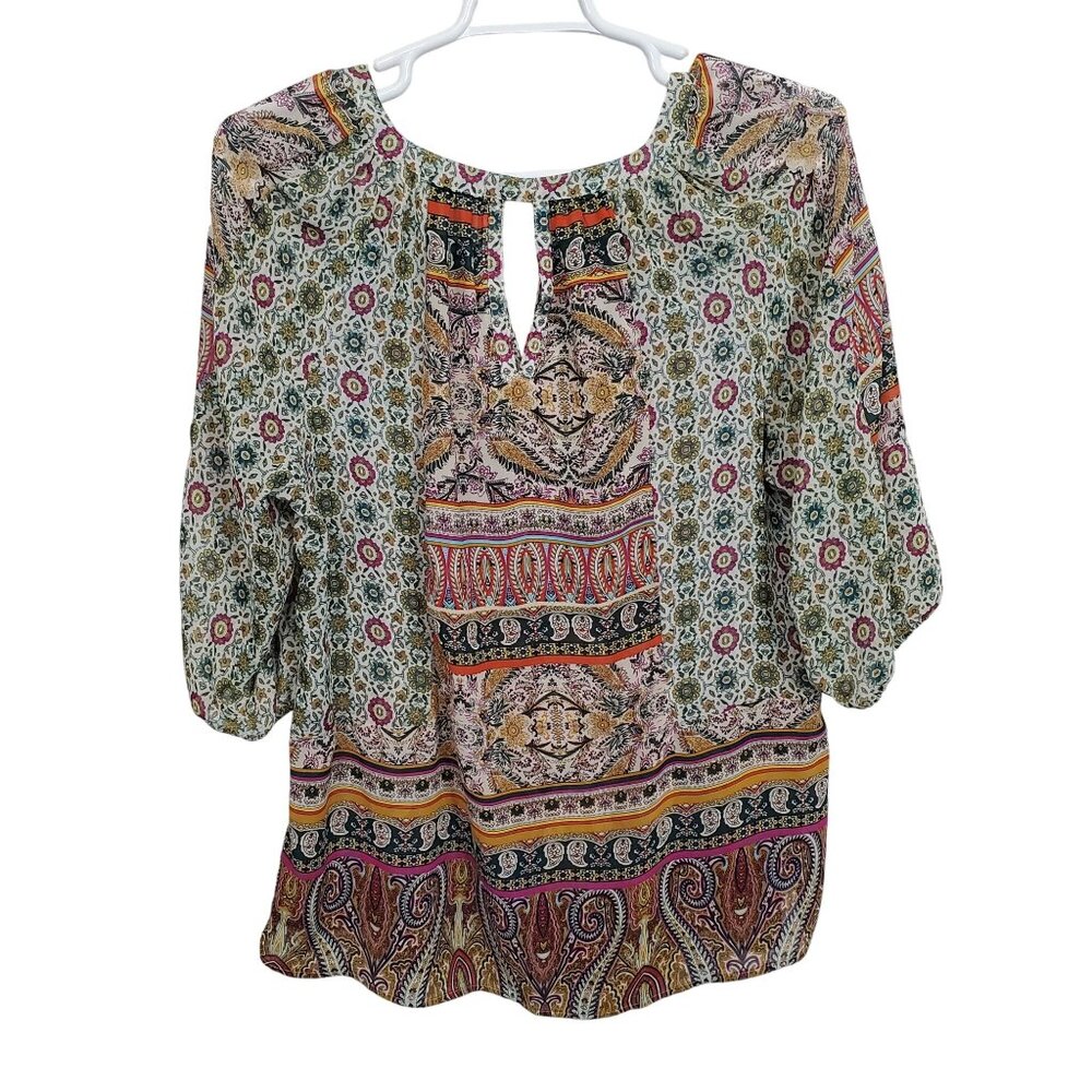 Roz & Ali 2X Tunic Blouse Bohemian Keyhole Flowy 3/4 Sleeve Lightweight Casual - Picture 3 of 12